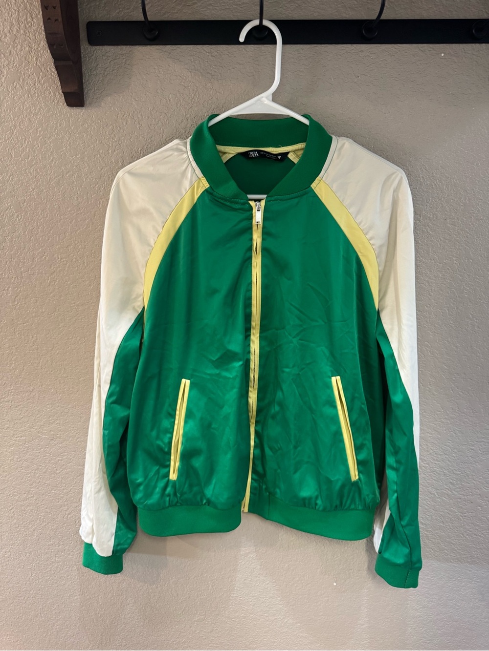 Zara Green, White & Yellow Colorblock Bomber Jacket
